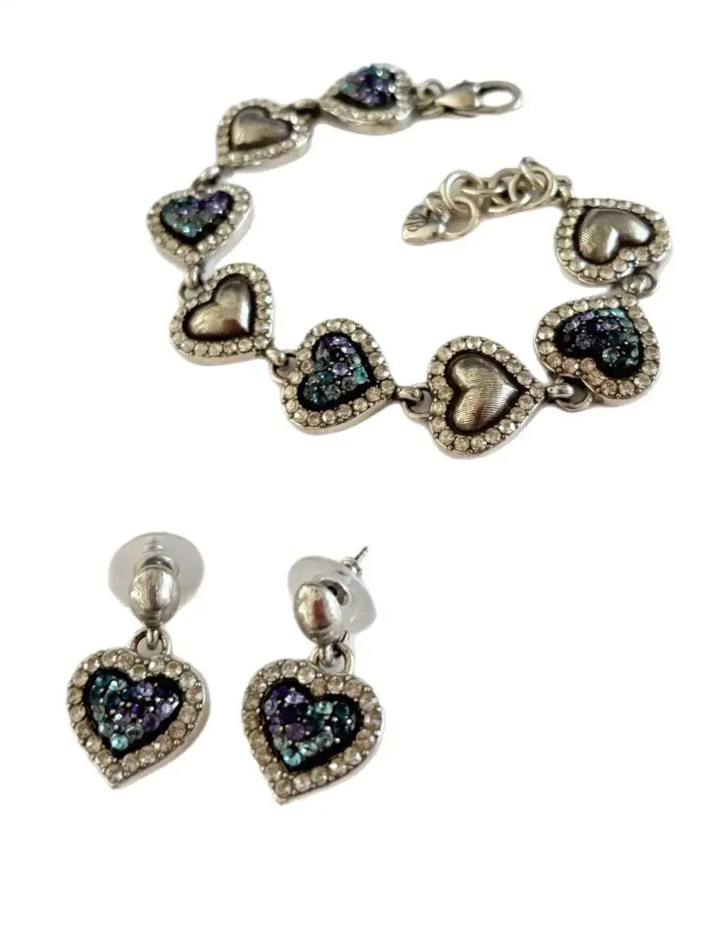 BRIGHTON SURRENDER PURPLE+BLUE SWAROVSKI CRYST HEART Matching Earrings & Bracele